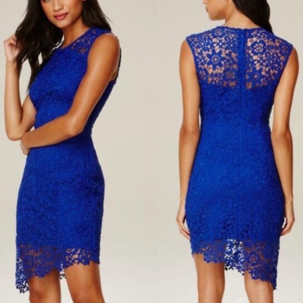BEBE cobalt royal blue asymmetrical lace dress